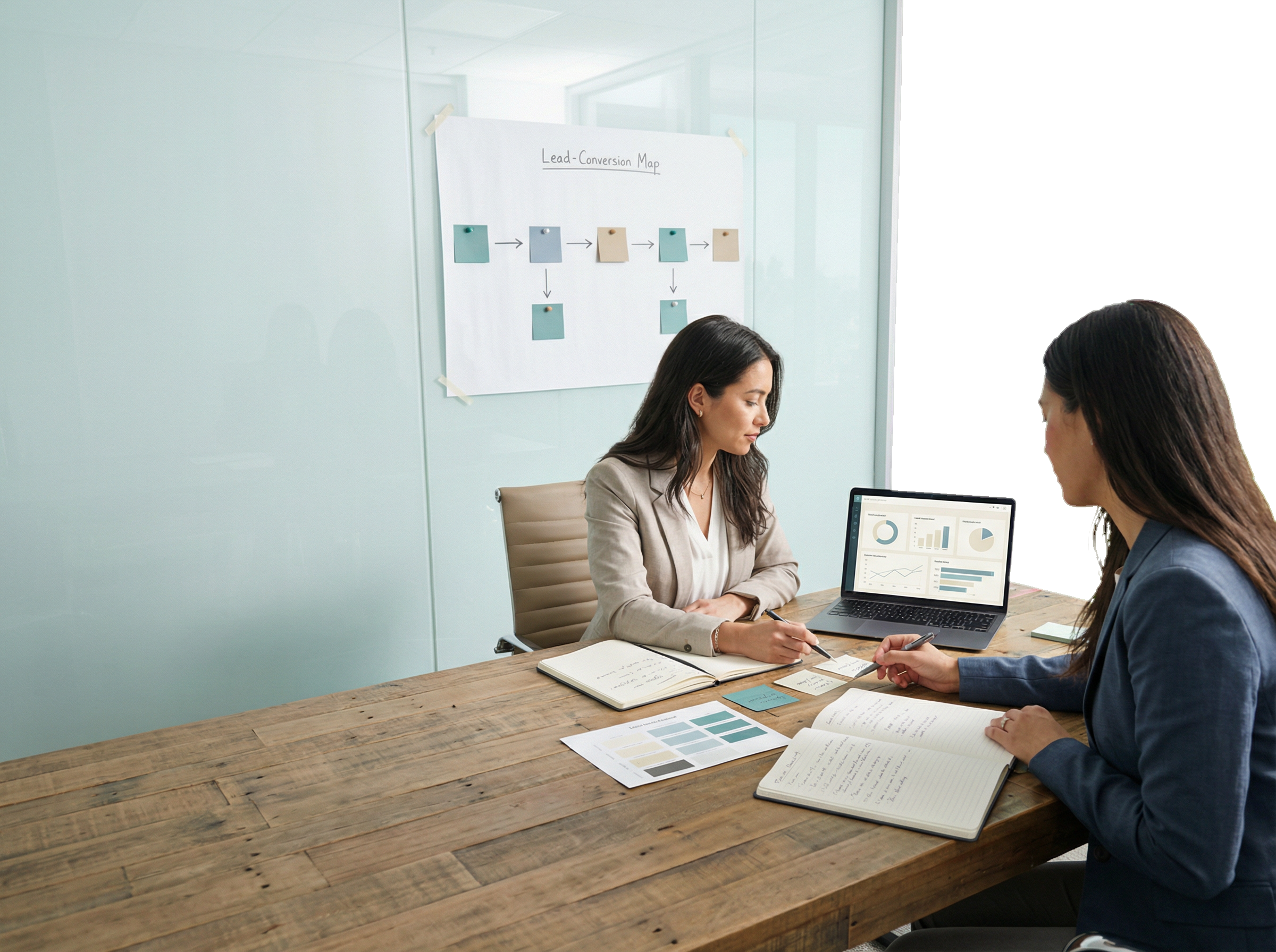 Designed marketing planning photo showing a lead-conversion map, meeting table, and reporting dashboard discussion